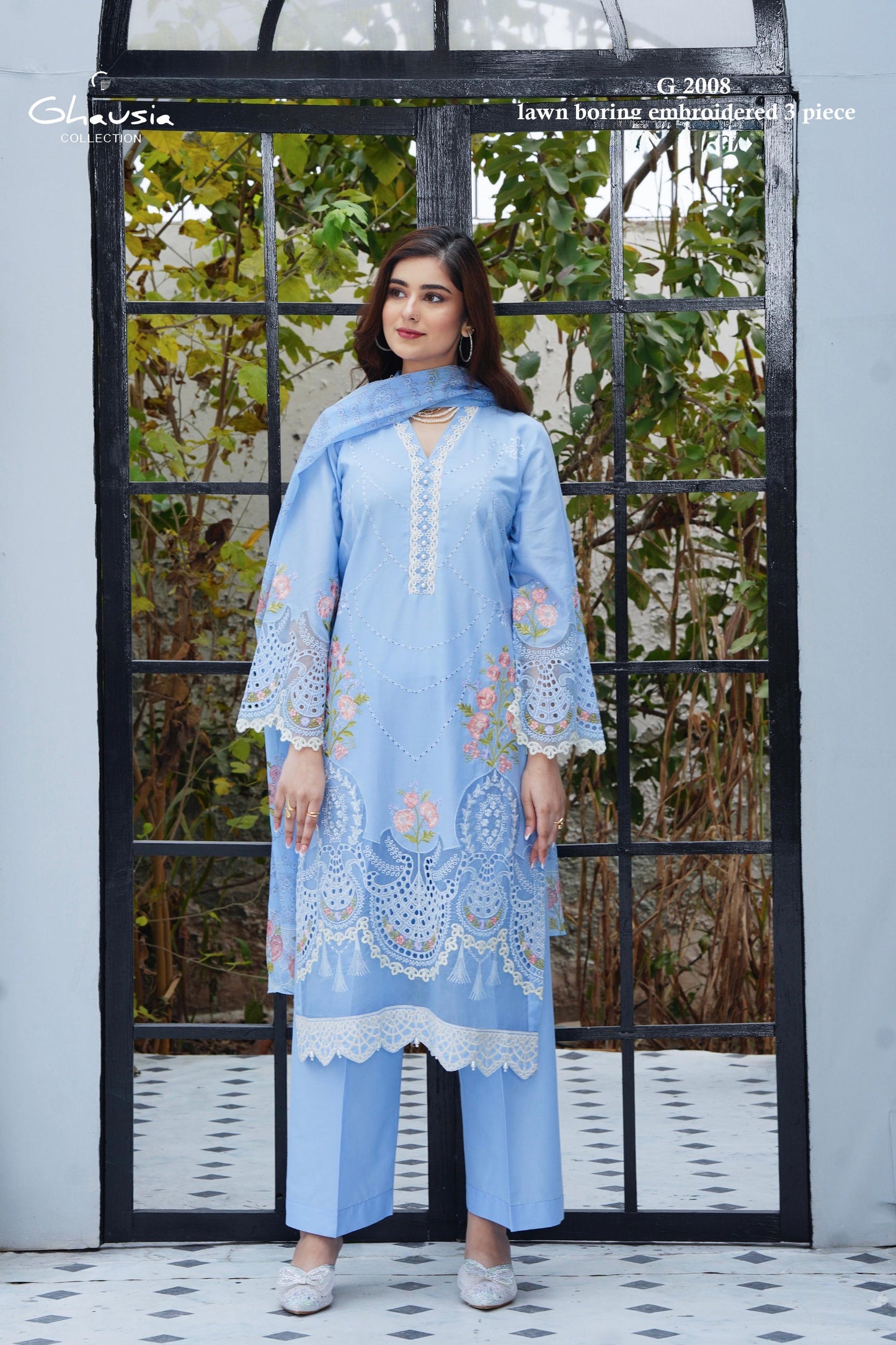 Lawn Cikankari & Embroidered kurta - G2008
