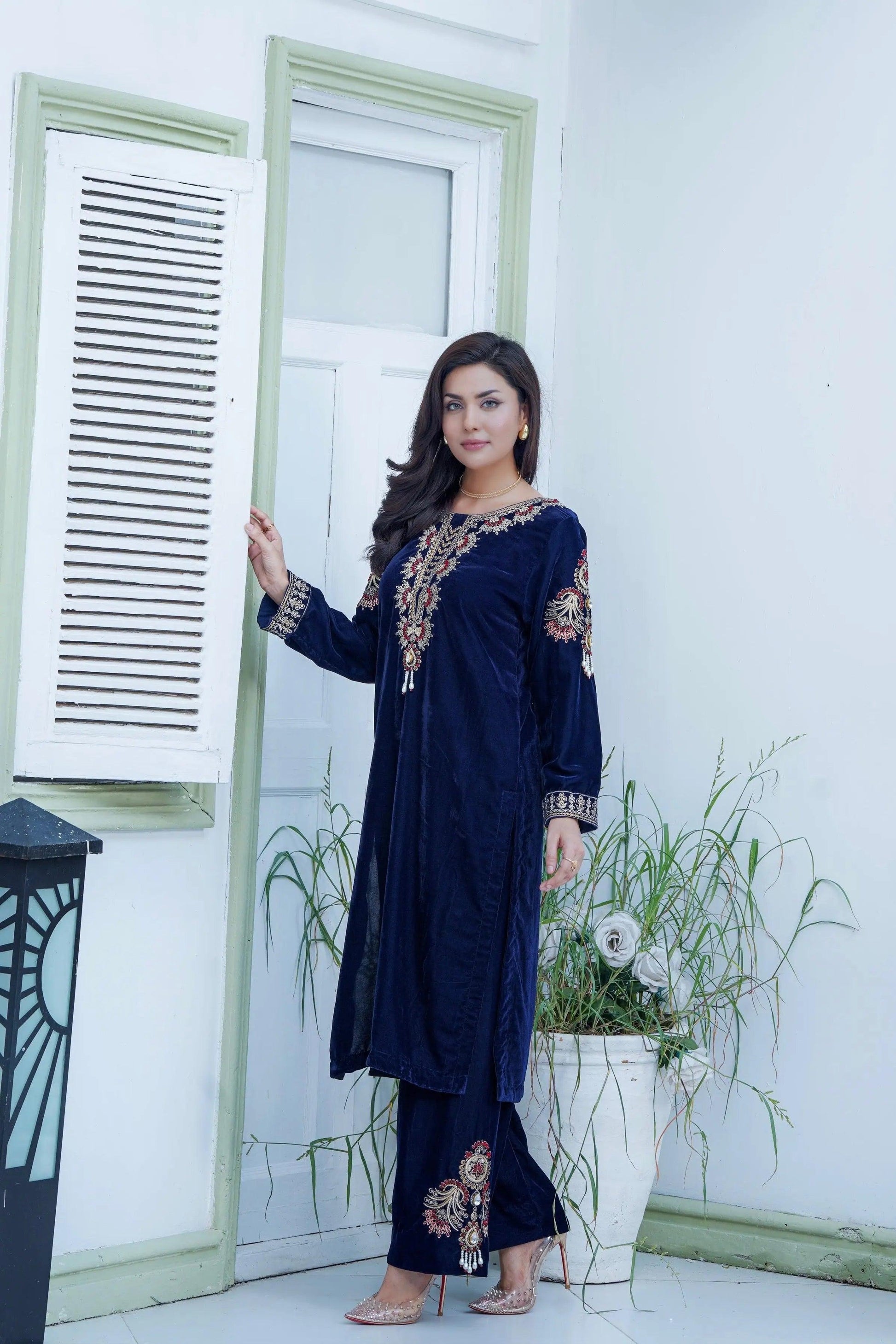 Velvet Embroidered 2p - - Ghausia Collection