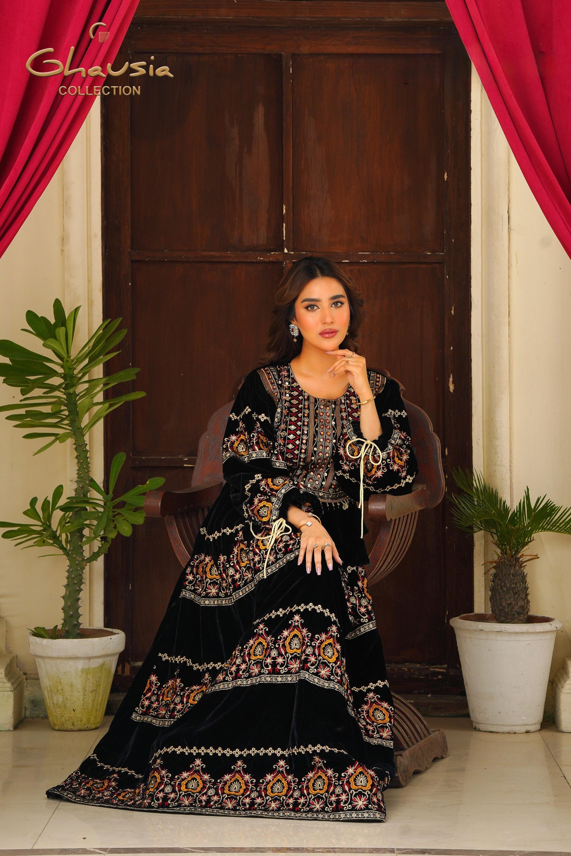 Velvet Embroidered Frock - G1946 - Ghausia Collection