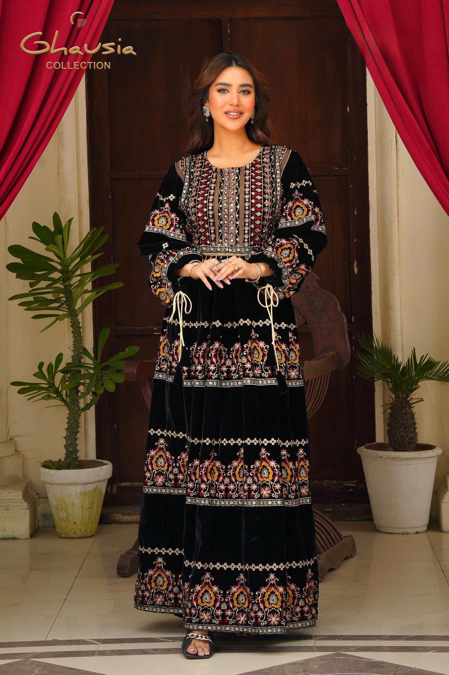 Velvet Embroidered Frock - G1946 - Ghausia Collection