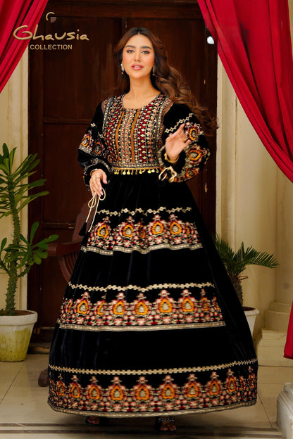 Velvet Embroidered Frock - G1946 - Ghausia Collection