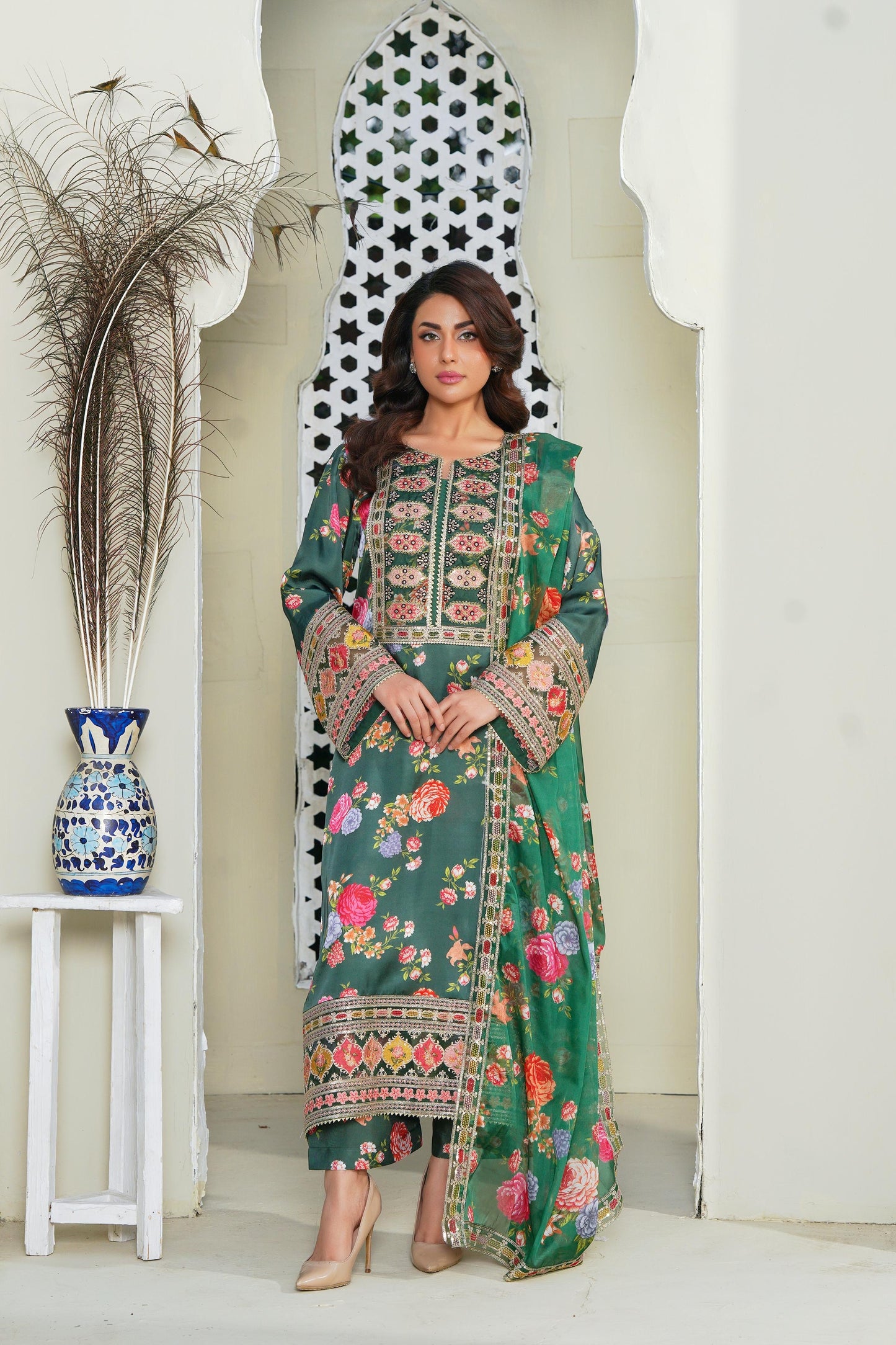 Embroidered Digital Silk 3 Piece