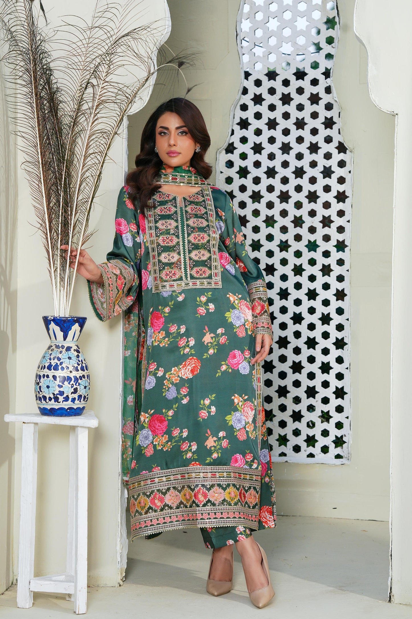 Embroidered Digital Silk 3 Piece