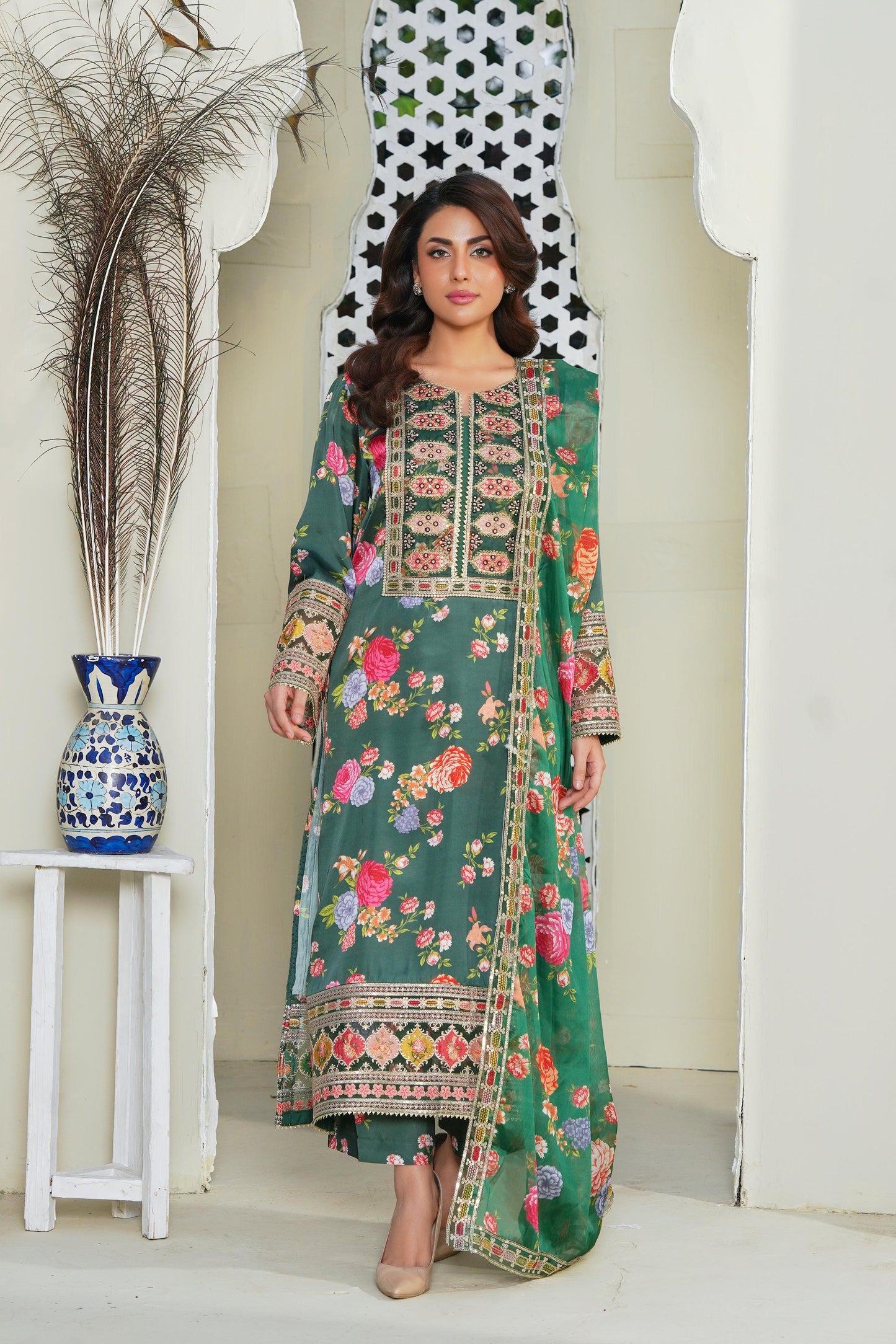 Embroidered Digital Silk 3 Piece